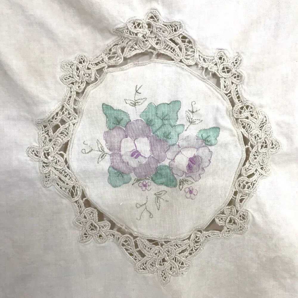 Vintage 70s Accent Pillow Cover Lace Needlepoint Floral Ruffle